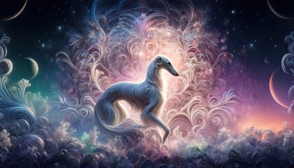 Surreal Cosmic Greyhound in a Fantasy Landscape