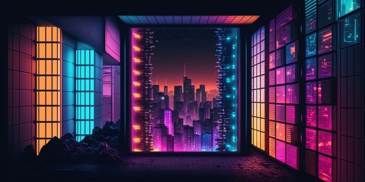 Night city with neon lights. Futuristic cityscape. 3d rendering