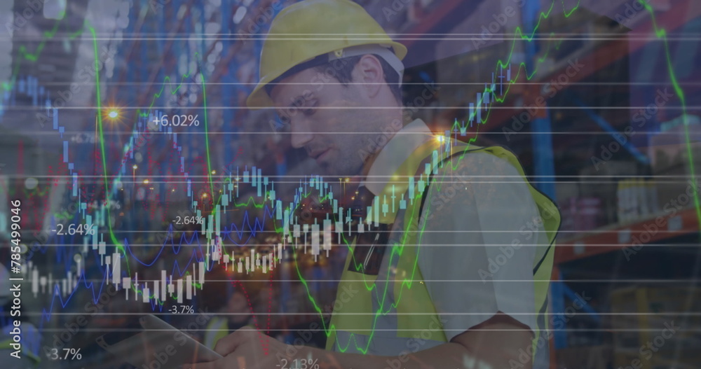 Aufkleber image of data processing over warehouse worker using smartphone in shipping centre