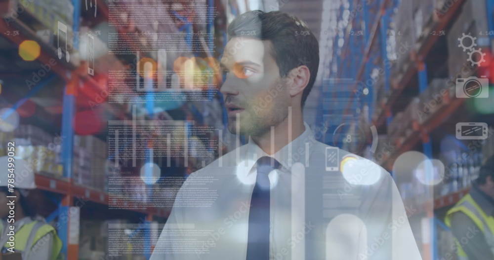 Poster image of data processing over warehouse worker using tablet in shipping centre