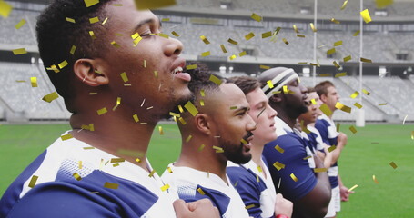 Image of golden confetti falling over two multi-ethnic rugby team standing in a row and singing digi - Powered by Adobe