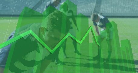Image of a green graph forming with a grid over a multi-ethnic rugby team standing on a pitch digita