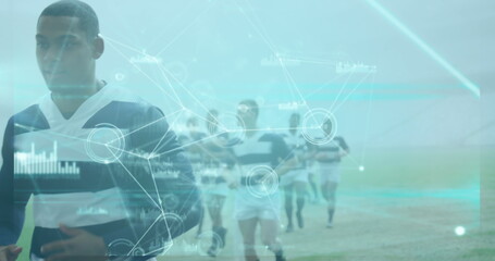 Image of data processing, images rolling over multi-ethnic rugby team running off a pitch digital co