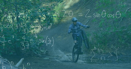 Image of handwritten mathematical equations recording over man cycling in forest in the background