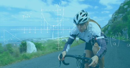 Image of handwritten mathematical equations recording over woman cycling on the road in the backgrou