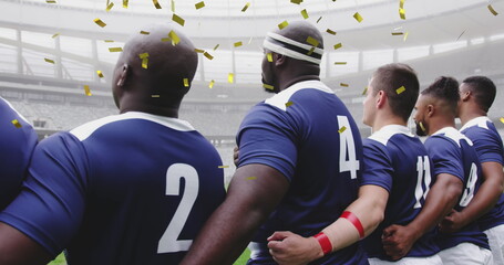 Image of golden confetti falling over a multi-ethnic team standing in a row on a pitch digital compo - Powered by Adobe