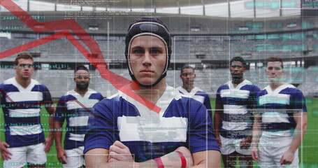 Image of data processing in frames over multi-ethnic male rugby team standing in a row digital compo - Powered by Adobe