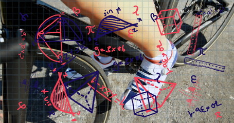 Image of handwritten mathematical equations recording over woman cycling on the road in the backgrou