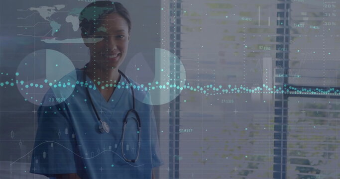 Image of data processing over biracial female doctor