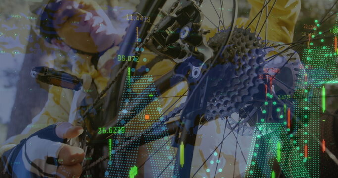 Image of financial data recording over man fixing wheel of his bike during cycling in the background - Powered by Adobe