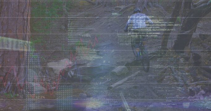 Image of handwritten mathematical equations recording over man cycling in forest in the background