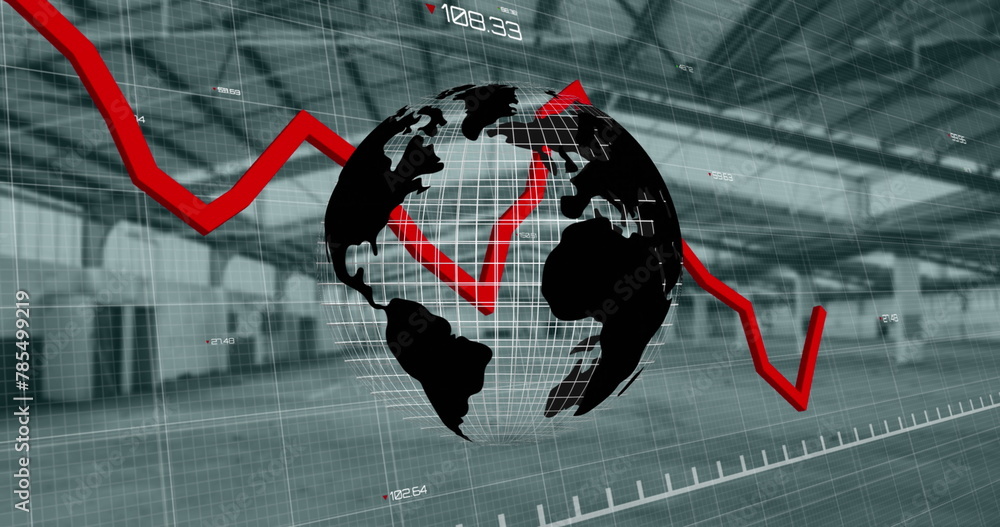 Poster spinning globe icon and red graph moving over financial data processinggainst empty office