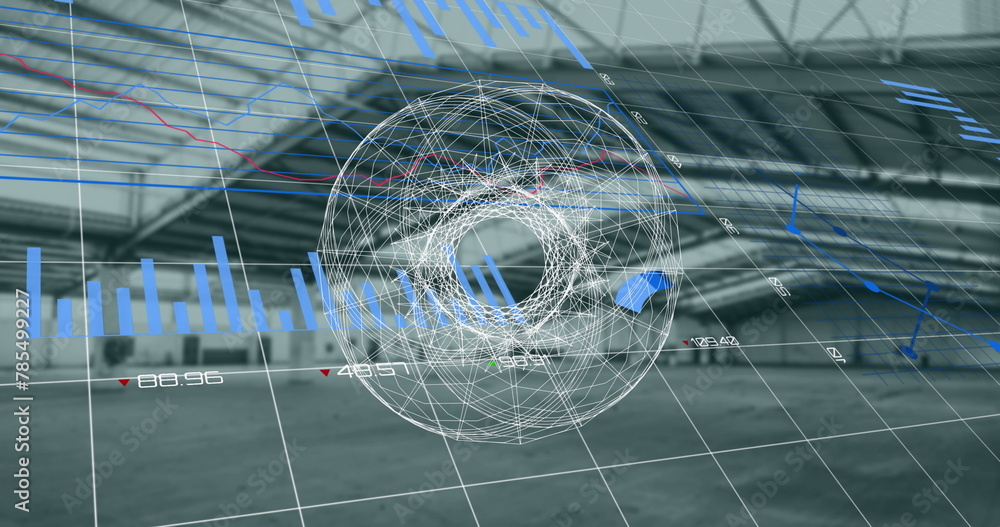 Poster image of scope and statistics with financial data processing over empty industrial interiors