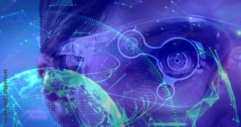 Poster image of globe and network of connections over eye of man in vr glasses using interface