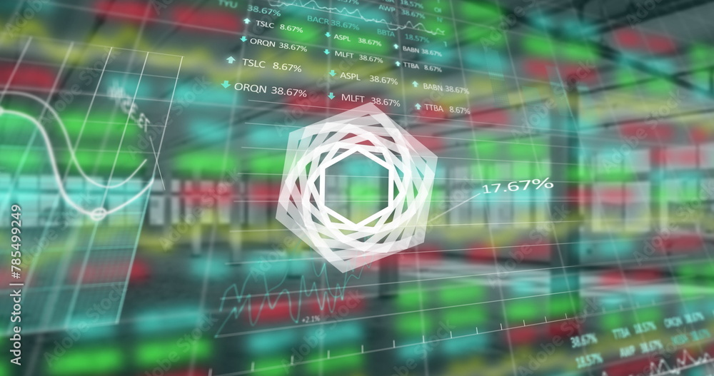Poster image of hexagon spinning and financial data processing over empty industrial interiors