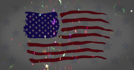 Fototapeta premium Image of multi coloured confetti falling over american flag