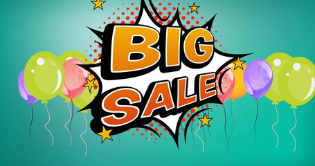 Image of big sale text over retro speech bubble and balloons on green background