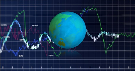 Financial data processing over grid network against spinning globe icon on blue background