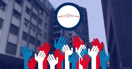 Composite image of martin luther king day text banner with hands icon against tall buildings