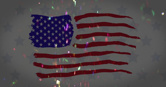 Naklejki Image of multi coloured confetti falling over american flag