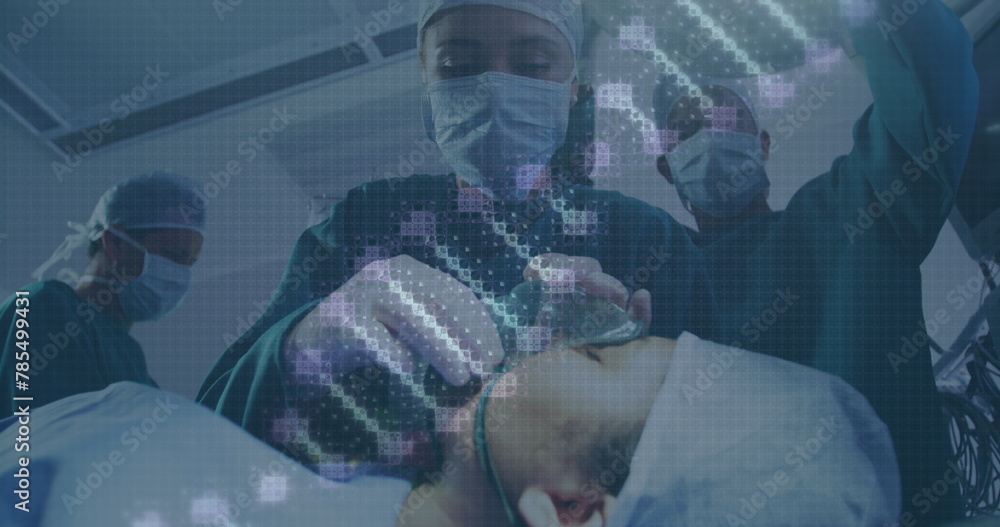 Poster image of dna strand and data processing over patient and diverse surgeons with face masks