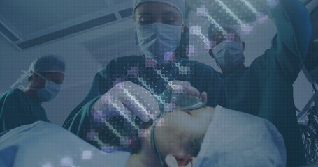 Image of dna strand and data processing over patient and diverse surgeons with face masks