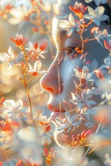 Abstract double exposure portrait of beautiful young Asian woman face with flowers.