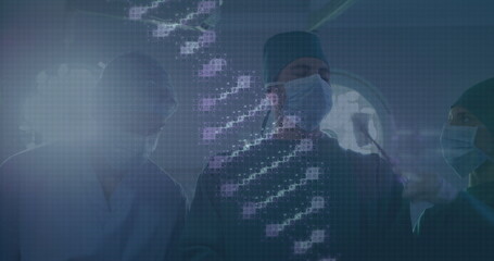 Image of dna strand over caucasian surgeons with face masks