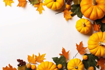 Naklejka na ściany i meble Autumn composition with pumpkins and leaves on white background, top view