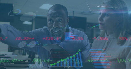 Obraz premium Image of financial data processing over diverse business people talking