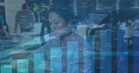 Foto op Plexiglas Aziatische plekken Image of financial data processing over asian businesswoman using computer