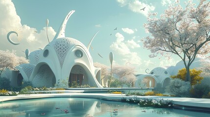 futuristic mosque with soft pastel color illustration design