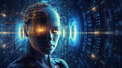 Cyborg woman cyborg on digital background represent artificial intelligence and machine learning process. 3D rendering