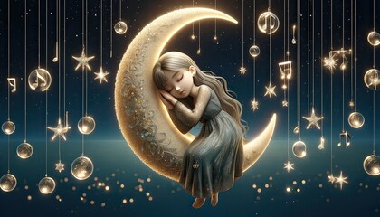 Dreamlike Girl Resting on Crescent Moon