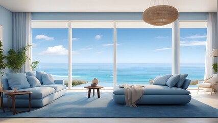 A serene and captivating (((blue sea view))) is seen through the window of a (((beautiful interior))). The scene captures the tranquil beauty of the ocean with realistic details, including gentle wave