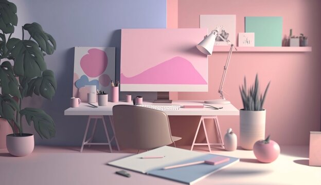 Interior of modern office with pink and blue colors, 3D rendering