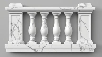 A marble balustrade, white handrails or railings on a balcony. A fence pillar or banister. Panels balusters for architecture design isolated elements Realistic 3D modern illustration. - obrazy, fototapety, plakaty