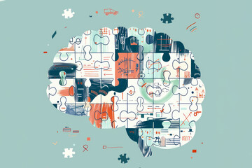 Puzzle pieces arranged in the shape of a human brain illustrate various aspects of its functioning: zones, multifunctionality. The concept of brain function, its complexity. Generative AI.