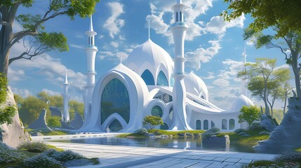 futuristic mosque with soft pastel color illustration design