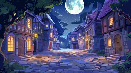 In a medieval town street with old European buildings at night, there is a charming facade with a brick wall and wooden doors, trees, a stone road and pavement with a moonlight reflection. - obrazy, fototapety, plakaty