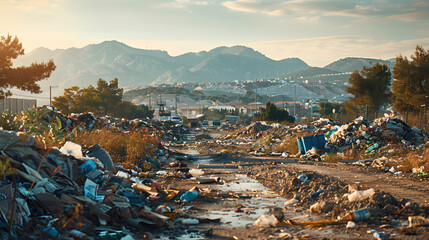 A landfill site, with mountains of trash as the background, during a waste management crisis - obrazy, fototapety, plakaty