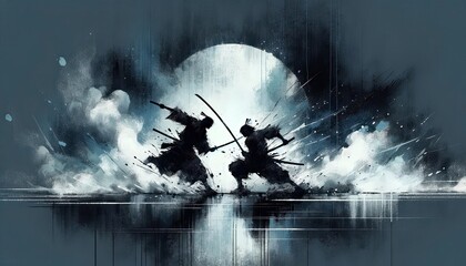 Abstract Samurai Duel in Blue Tones - obrazy, fototapety, plakaty
