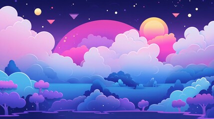 Fototapeta na wymiar Night landscape with clouds, sun, moon and stars. Vector illustration.