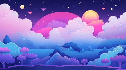 Poster de jardin Violet Night landscape with clouds, sun, moon and stars. Vector illustration.