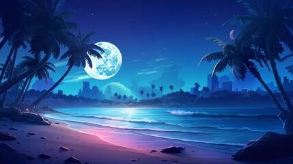 Night beach with palm trees and big full moon. 3d render
