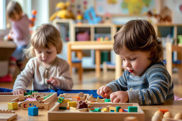 Toddlers Concentrating on Colorful Wooden toys in playroom at kindergarten. Back to school and education concept