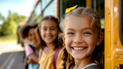 Happy schoolgirl Smiling by the School Bus with her friends on the background. Back to school and transport concept