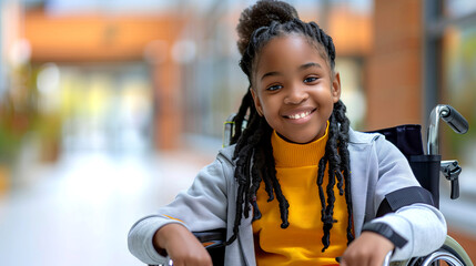 portrait of Young african american schoolgirl in a Wheelchair Smiling in School Hallway. Back to school and diversity concept