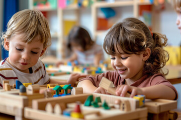 Happy kids Playing Together with Wooden toys in Kindergarten. Back to school and education concept