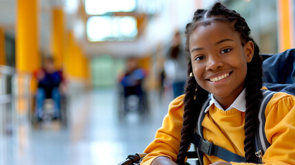 Cheerful Young african american female Student in Wheelchair Smiles in School Corridor. Back to school, diversity and education concept